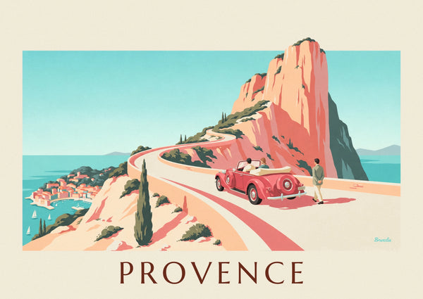 Affiche cabriolet sur la route des Crêtes au-dessus de Cassis