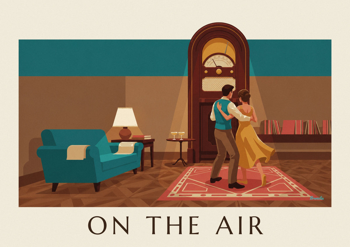 Affiche poste de radio en bois et couple dansant au salon