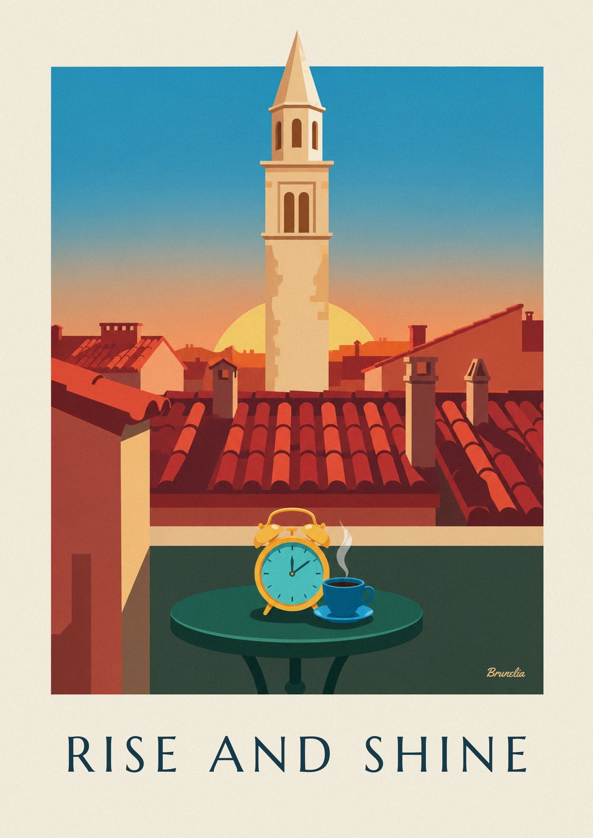 Affiche réveil jaune et tasse de café face aux toits et au clocher