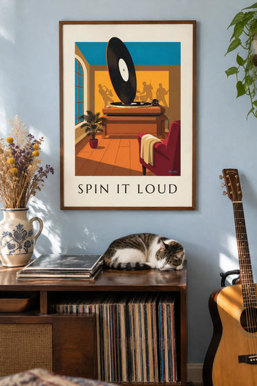 Affiche disque vinyle de rock sur la platine : encadrée au mur