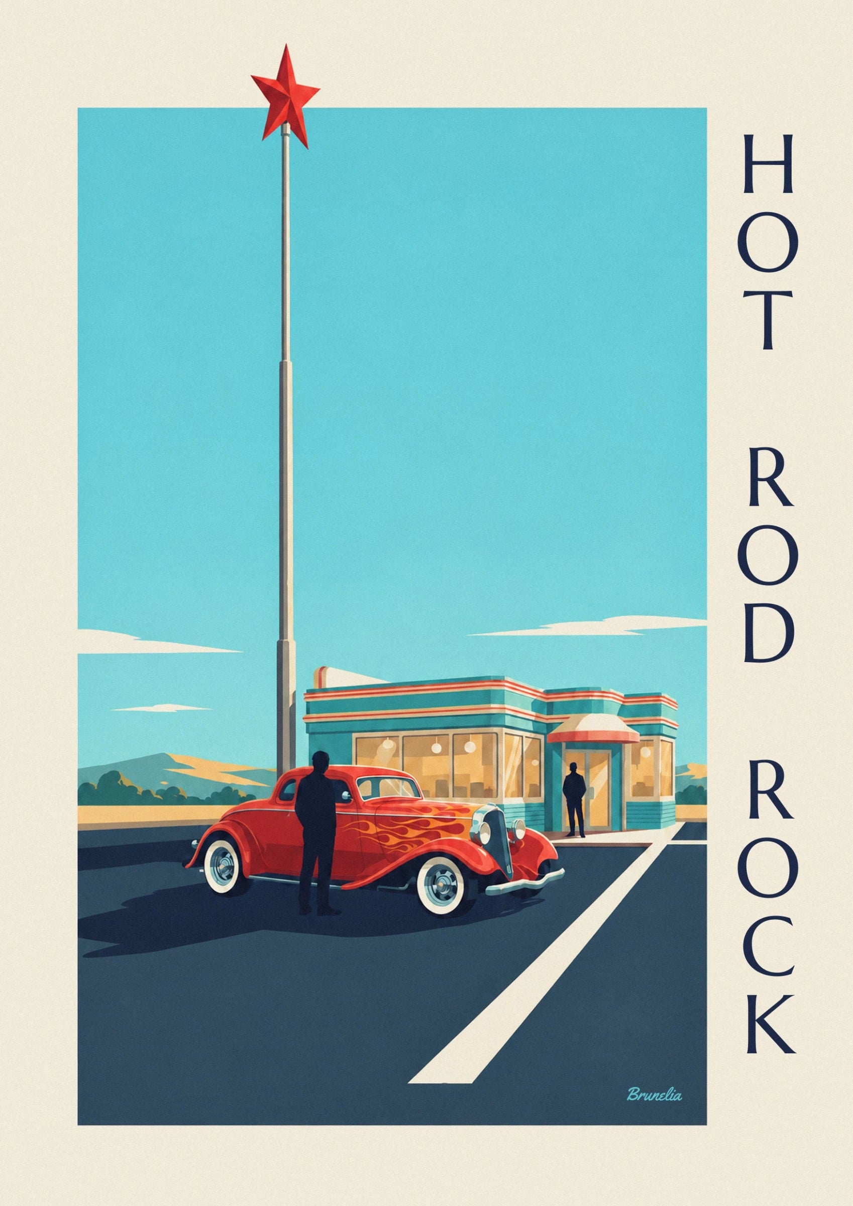 Póster de carro hot rod diante de um restaurante de rock and roll: pormenor ampliado