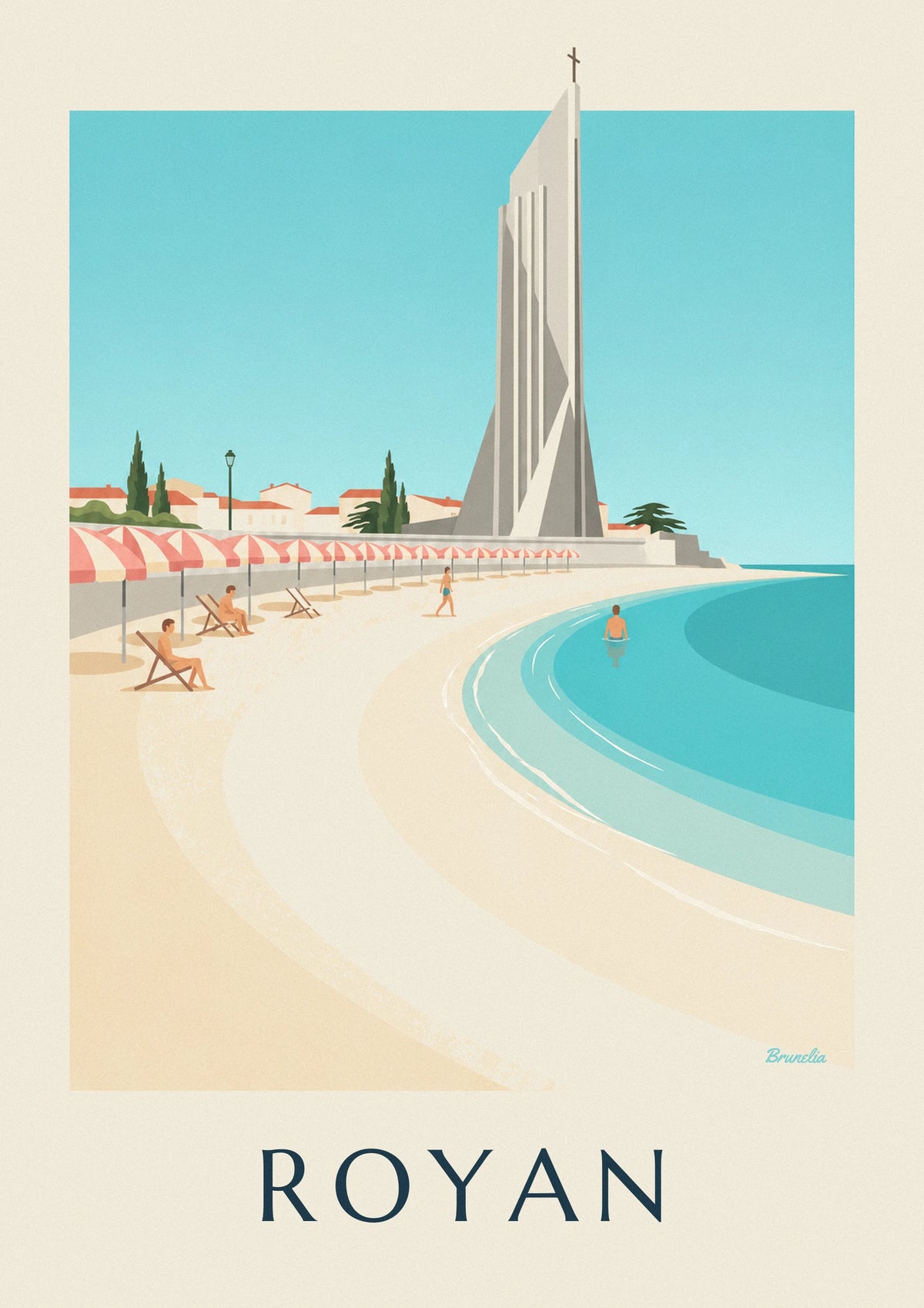 Affiche plage de Royan, baigneurs et clocher de Notre-Dame