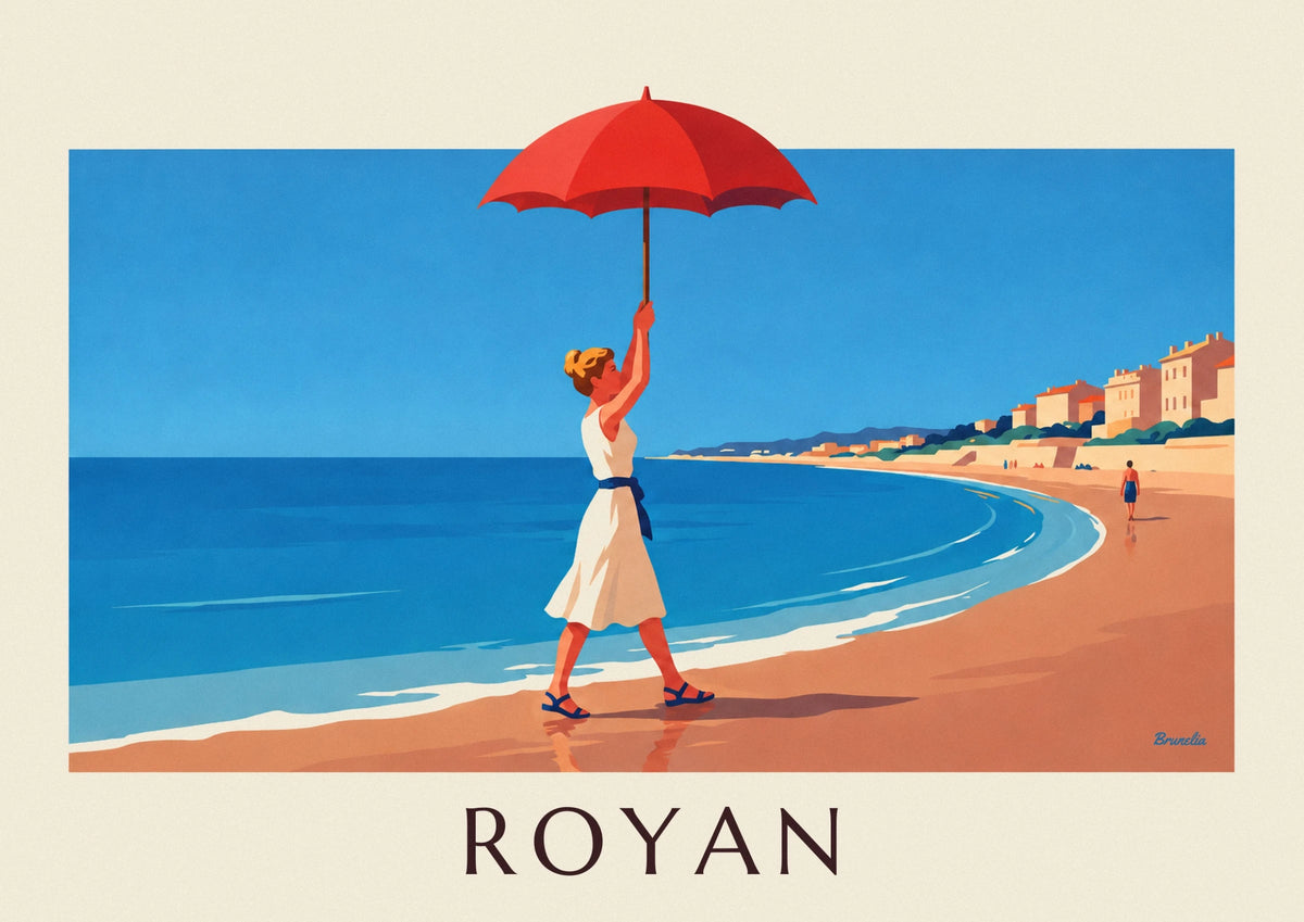 Affiche femme à l'ombrelle rouge sur la plage de Royan
