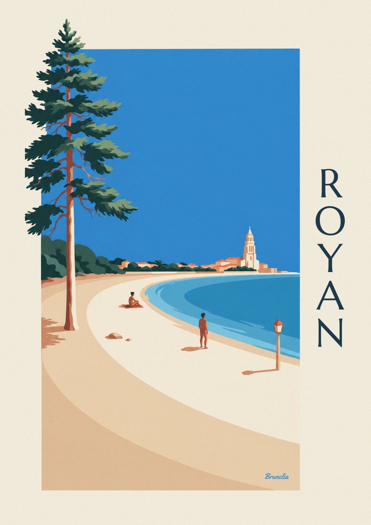Affiche plage de Royan, baigneurs et clocher de Notre-Dame