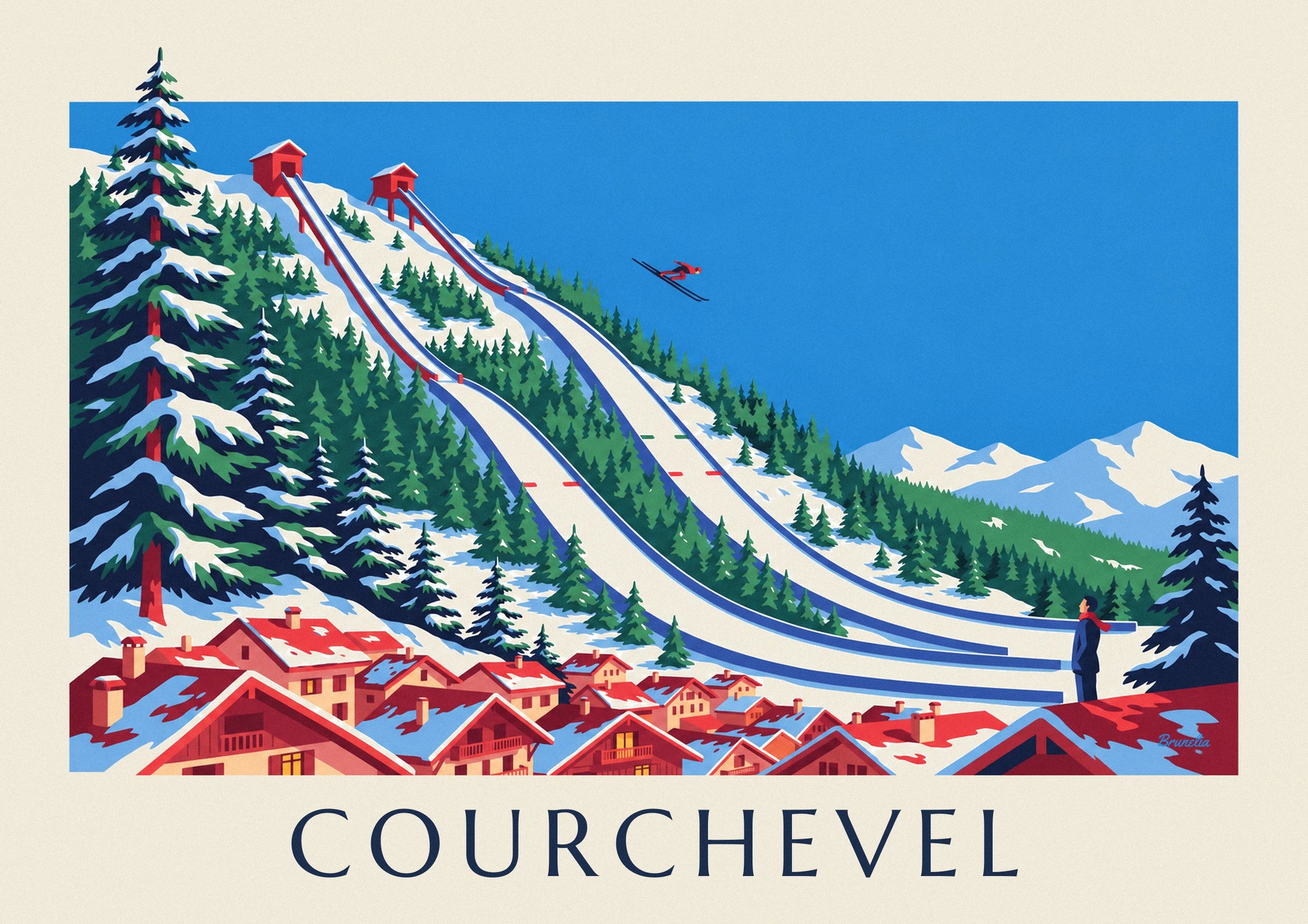 The 2 ski jumps with red structures among the snow-covered fir trees of Le Praz