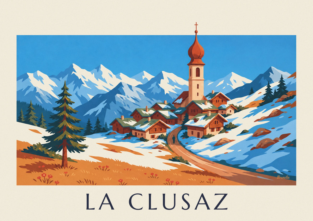 Affiche village de La Clusaz et chaîne des Aravis enneigée