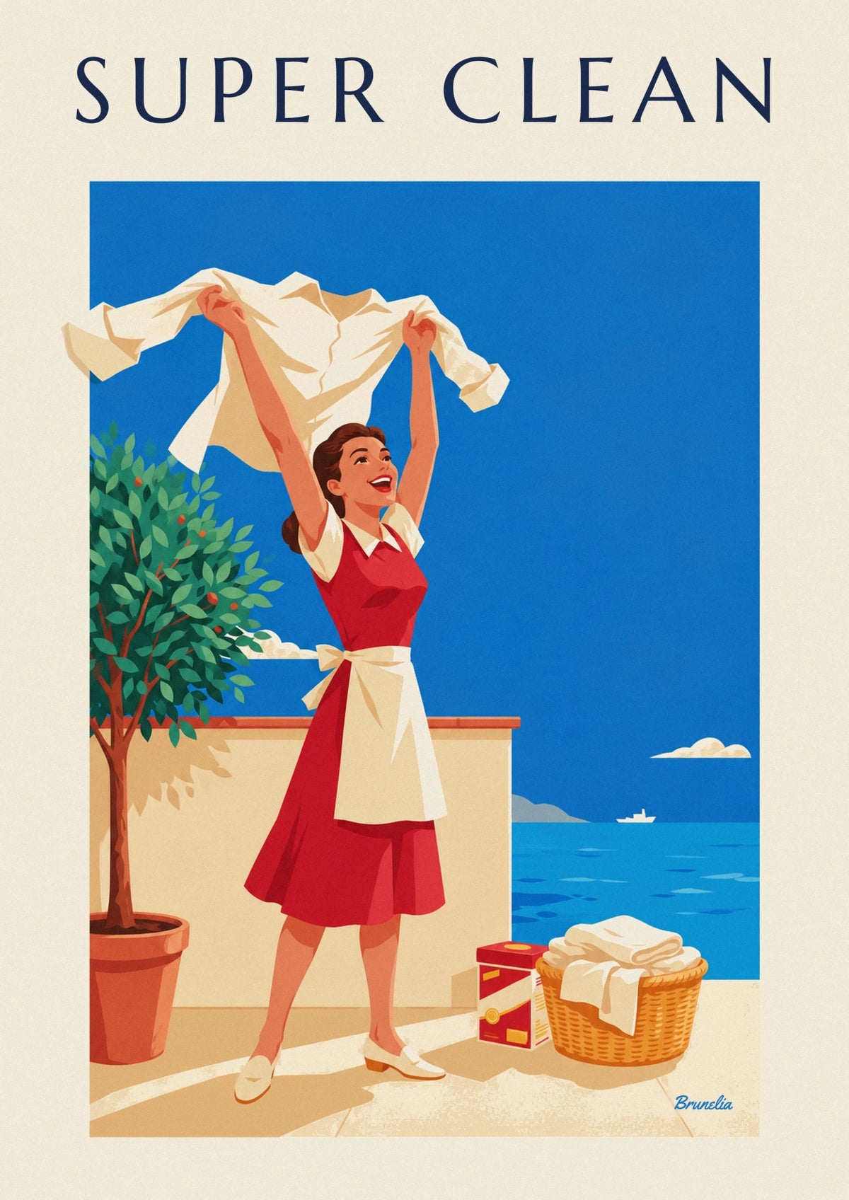 Affiche femme et chemise blanche éclatante, lessive Super Clean
