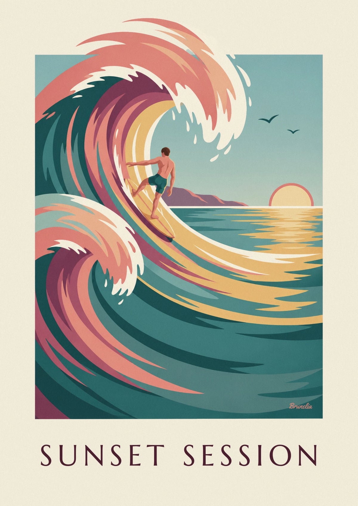 Affiche surfeur sur une vague au coucher du soleil
