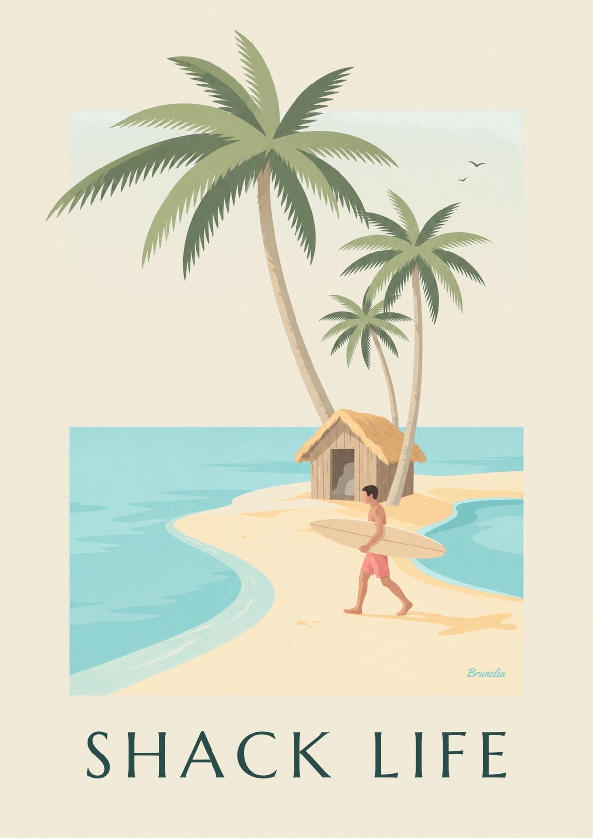 Affiche surfeur et cabane de plage tropicale