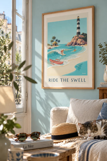 Affiche surfeur sur une vague turquoise et crique tropicale : encadrée au mur