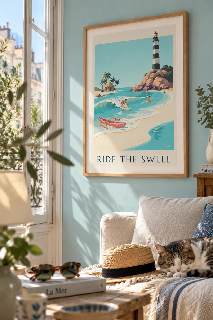Affiche surfeur sur une vague turquoise et crique tropicale : encadrée au mur