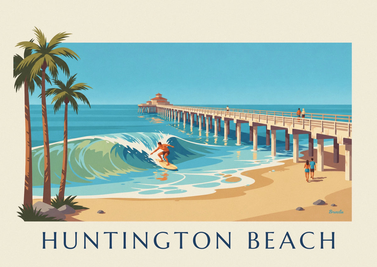 Affiche surfeur sous la jetée de Huntington Beach en Californie