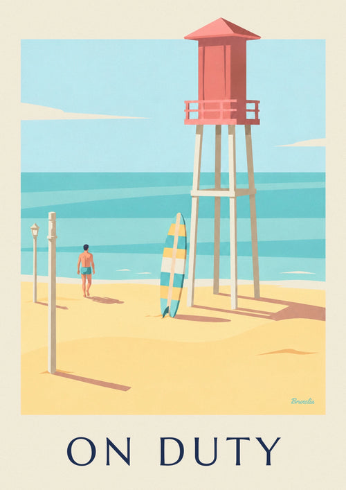 Affiche planche de surf et tour de sauveteur sur la plage : l'affiche entière