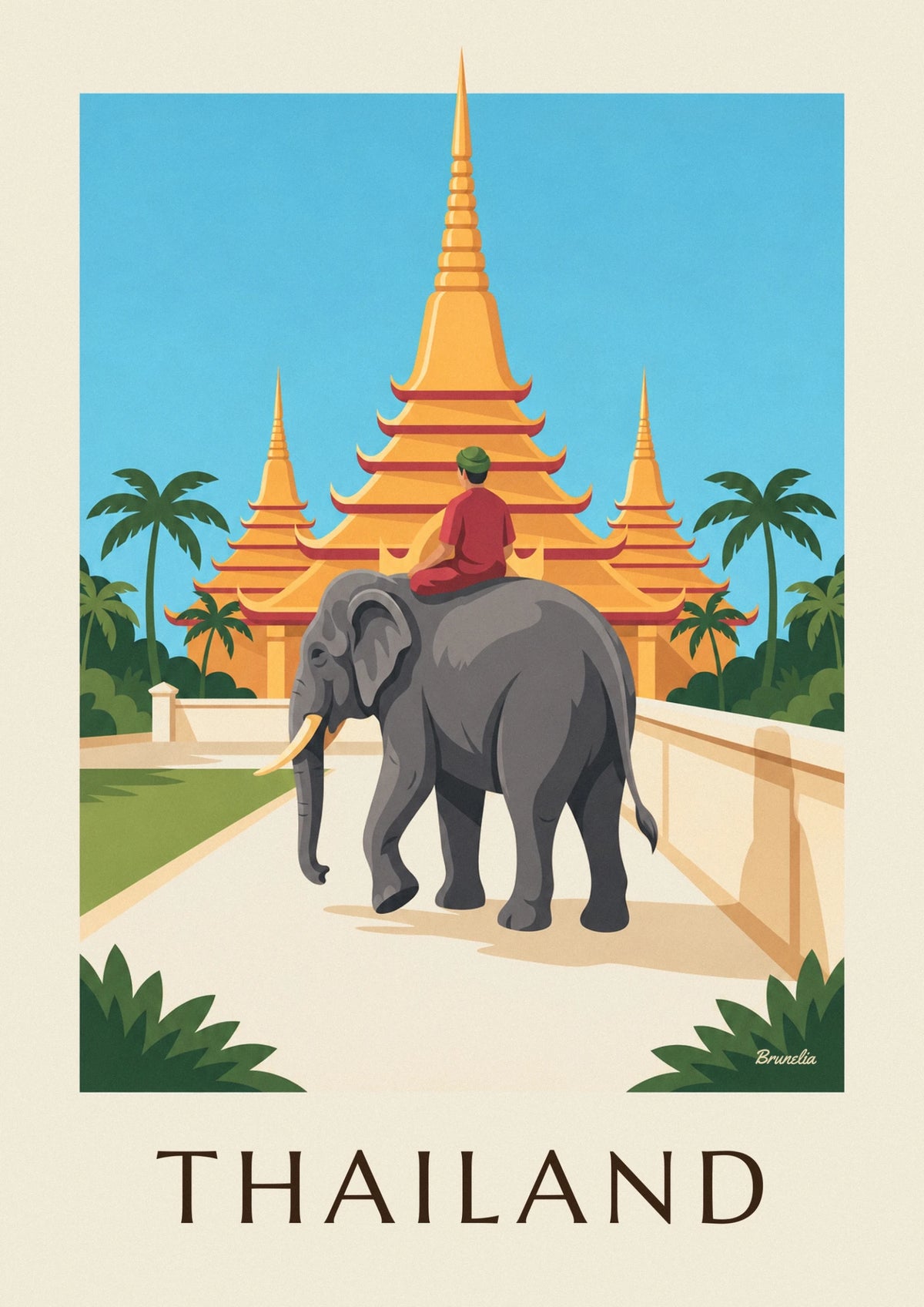 Affiche éléphant et pagodes dorées en Thaïlande