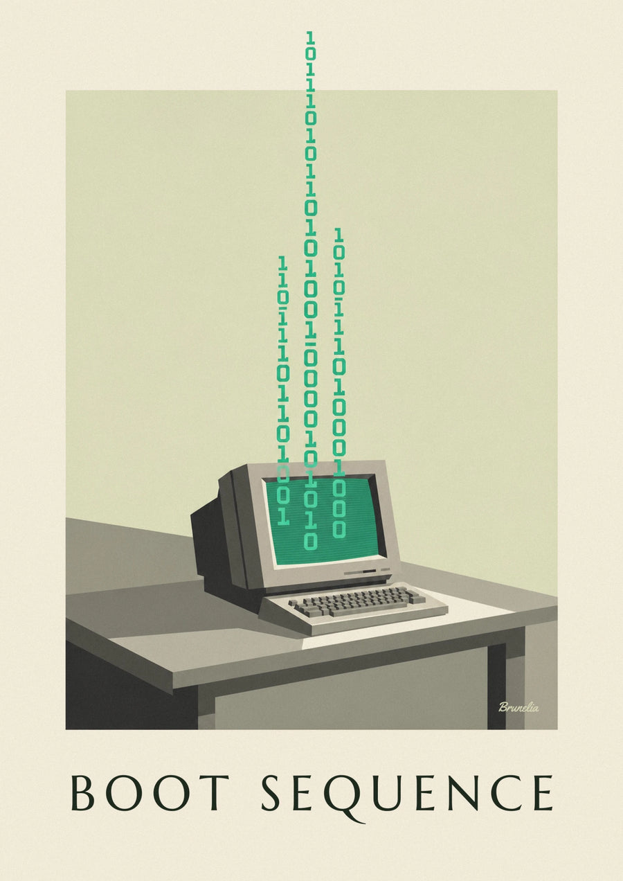 Cartaz de computador com ecrã monocromático e código binário