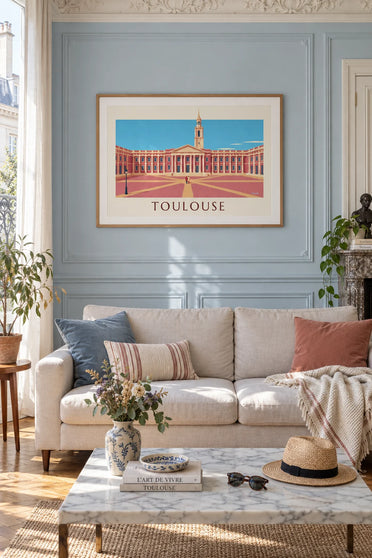 Affiche place du Capitole à Toulouse sous un ciel bleu : encadrée au mur