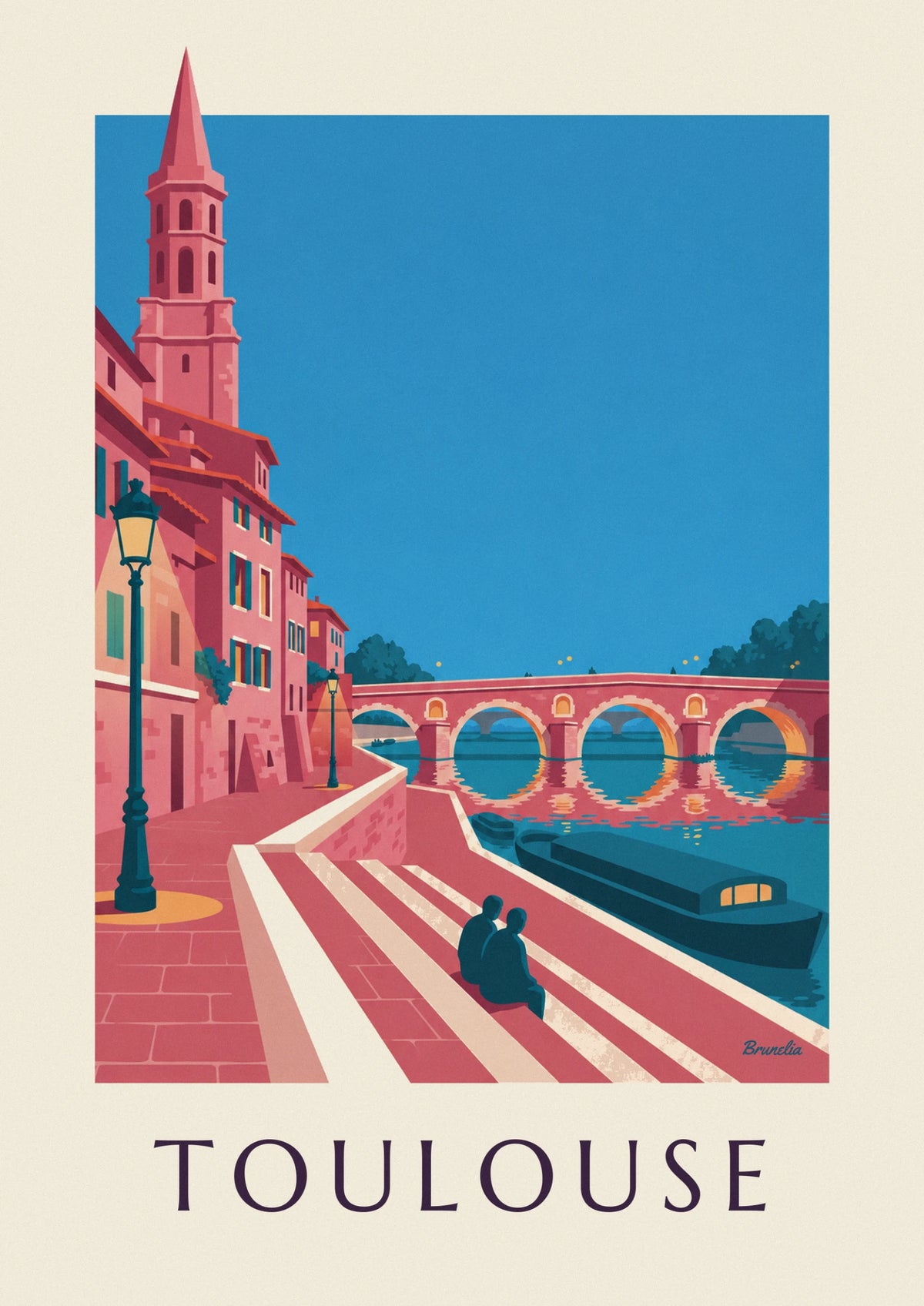 Affiche Pont-Neuf et quai de la Daurade à Toulouse au crépuscule