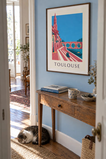 Affiche Pont-Neuf et quai de la Daurade à Toulouse au crépuscule : encadrée au mur