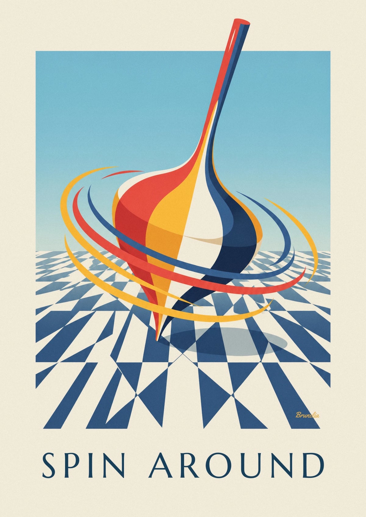 Affiche toupie colorée en mouvement sur fond géométrique