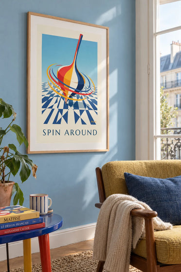 Affiche toupie colorée en mouvement sur fond géométrique : encadrée au mur
