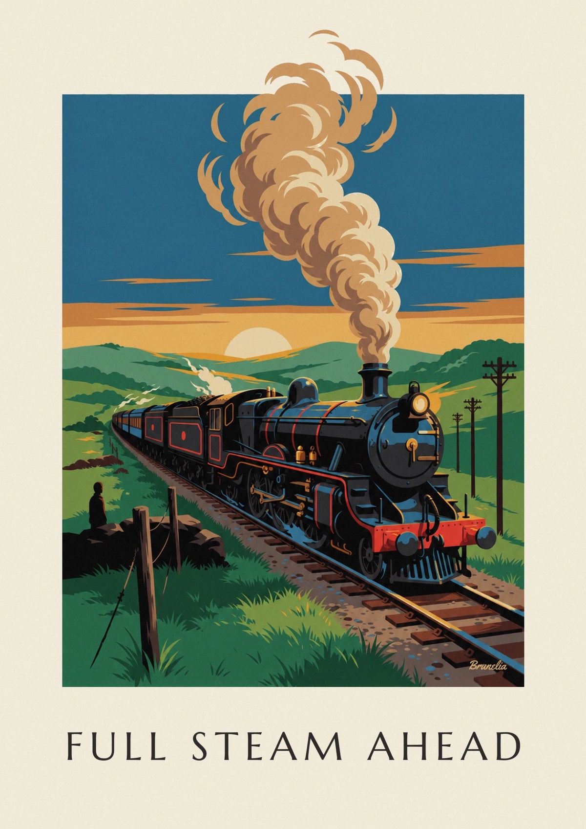 Affiche locomotive à vapeur lancée vers l'horizon