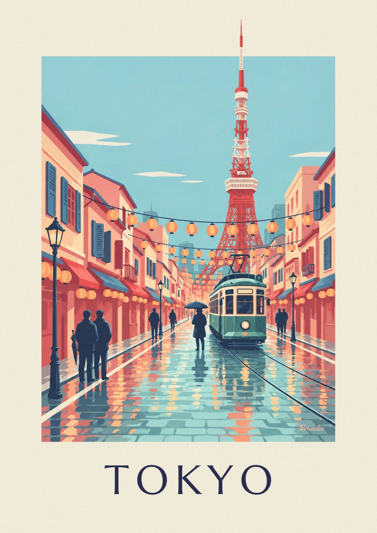 Affiche ancien tramway de Tokyo et tour de Tokyo au crépuscule