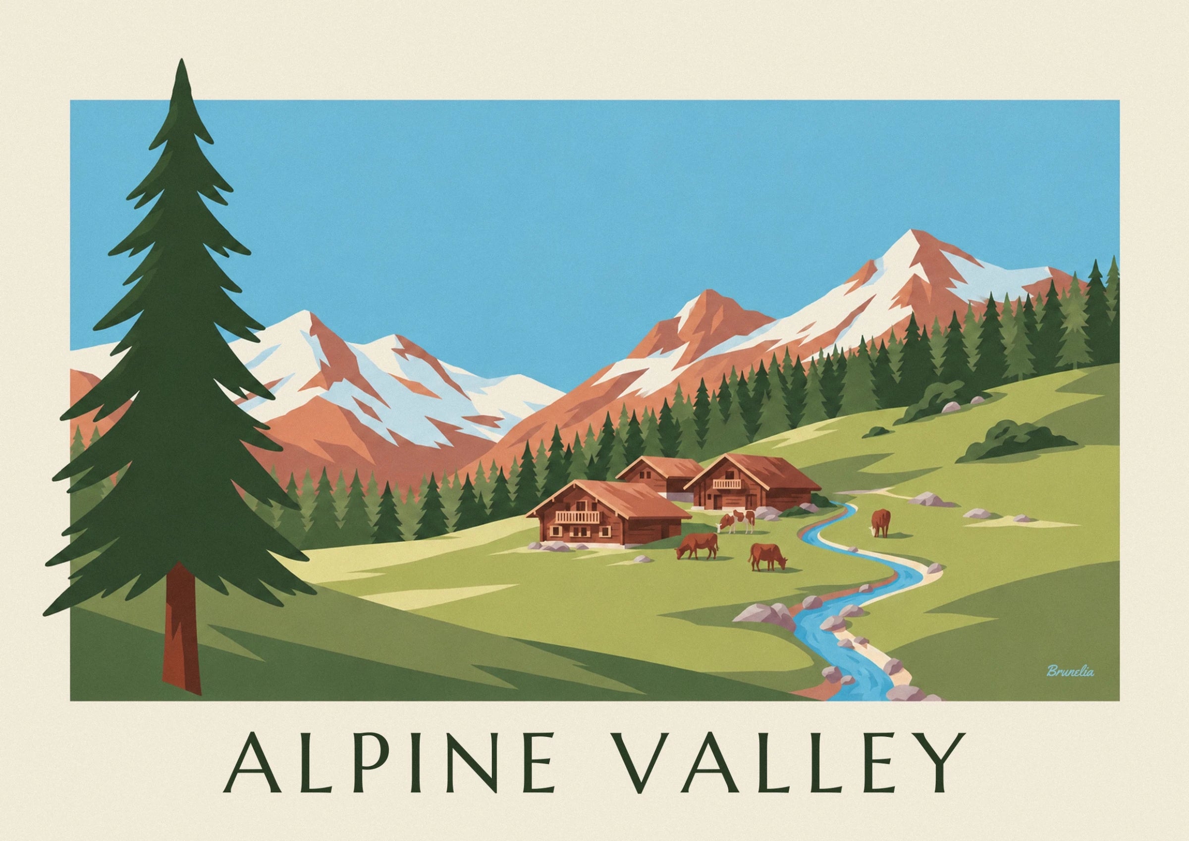 The wooden chalets and grazing cows at the foot of the snowy Alpes