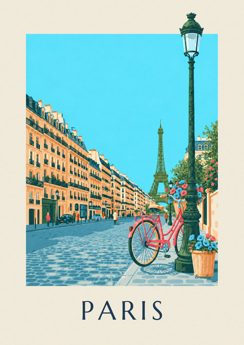 Affiche vélo à panier en osier fleuri dans une rue de Paris : l'affiche entière