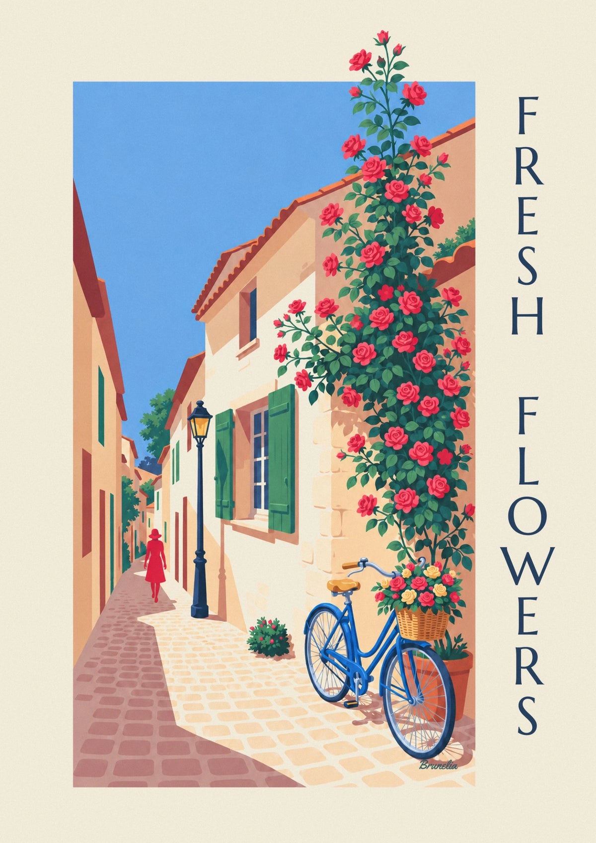 Affiche bicyclette bleue au panier fleuri devant une maison en pierre