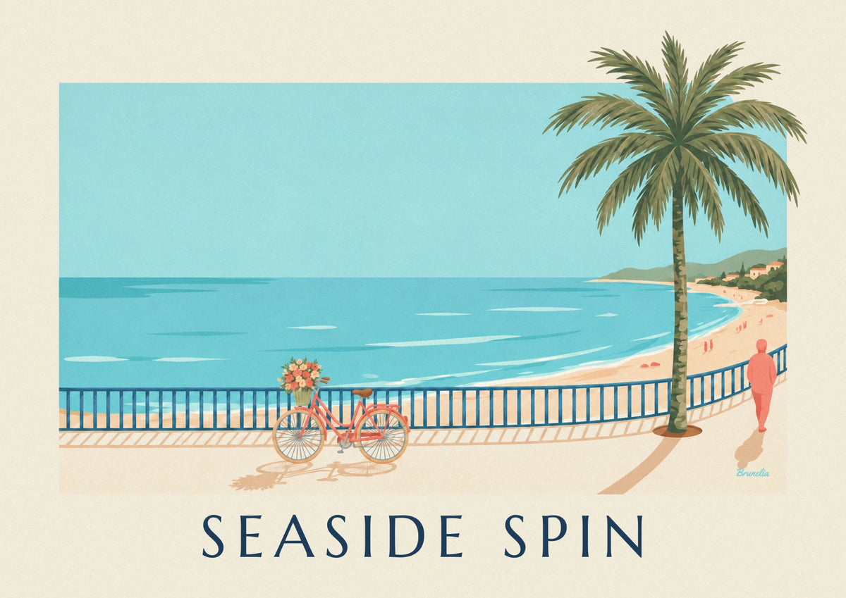 Affiche bicyclette au panier fleuri sur une promenade en bord de mer