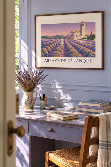Affiche moine marchant dans la lavande de l'abbaye de Sénanque : encadrée au mur