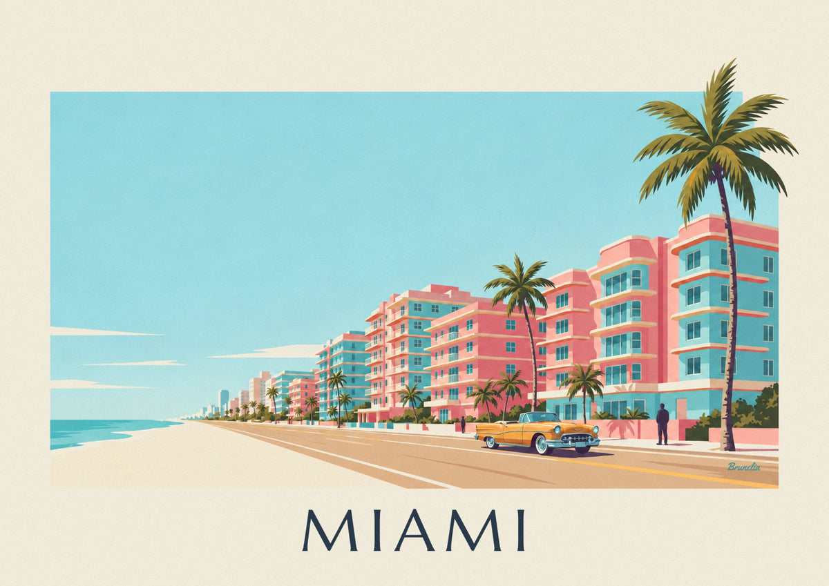 Affiche cabriolet doré sur Ocean Drive à Miami