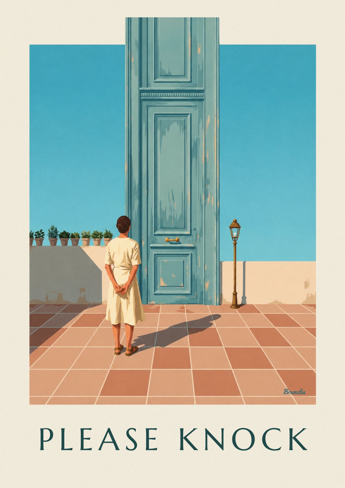 Affiche porte bleu-vert Please Knock pour les toilettes