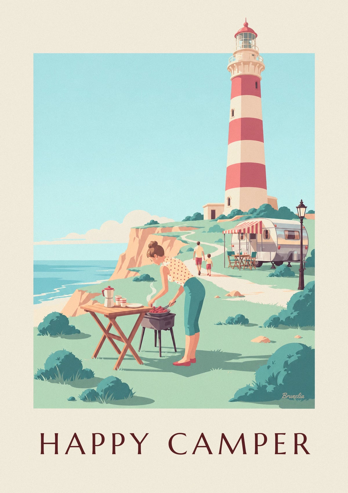 Affiche pin-up au camping devant sa caravane au bord de mer