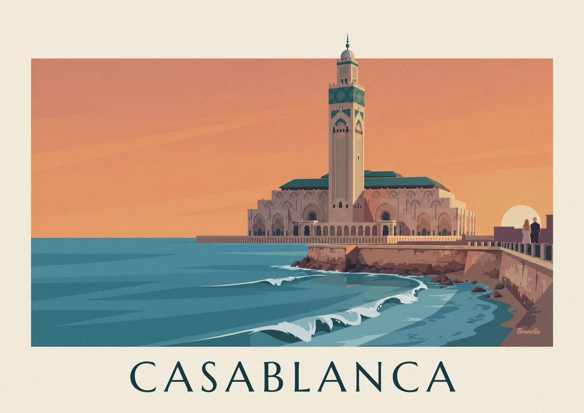 Affiche mosquée Hassan II face à l'océan au coucher du soleil