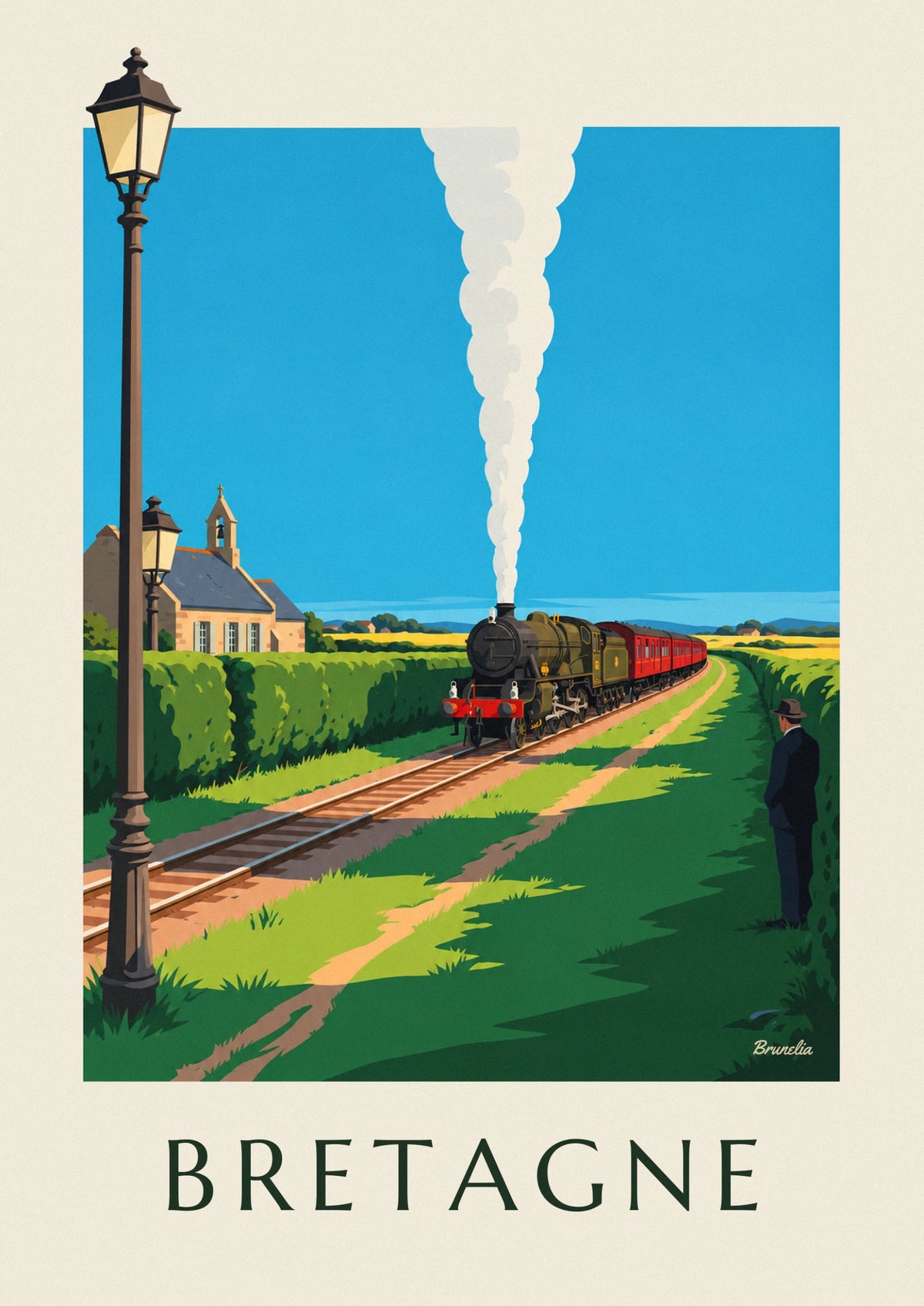 Affiche locomotive à vapeur dans la campagne bretonne