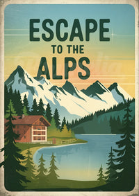 Affiche Escape to the Alps Chalet Montagne Lac