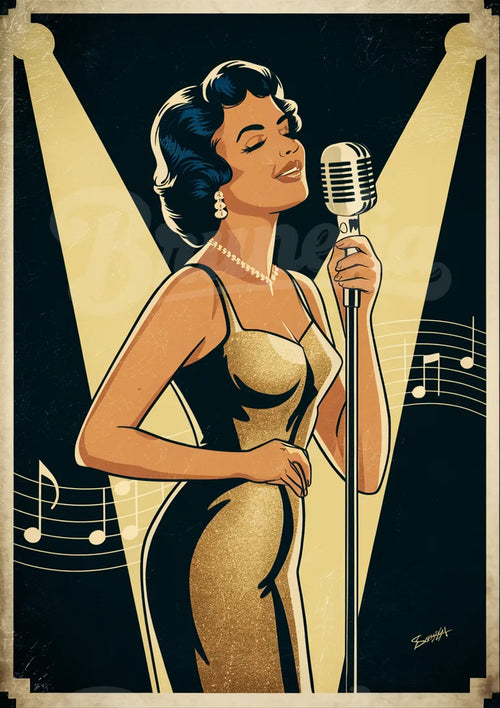 Illustration élégante d'une chanteuse au micro rétro