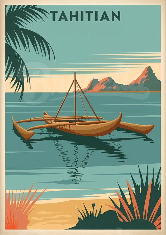 Affiche pirogue traditionnelle rétro Tahiti