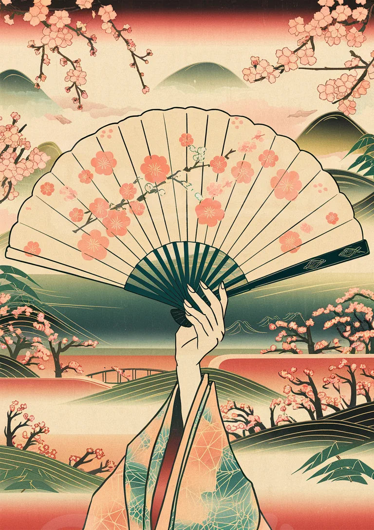 Affiche femme éventail sakura paysage asiatique