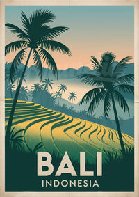 Affiche Bali rizières tropicales et palmiers coucher soleil