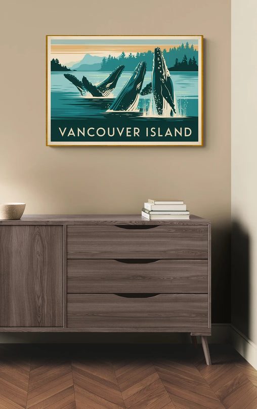 Affiche baleines rétro Vancouver Island