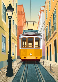 Affiche tramway jaune Lisbonne rue pavée