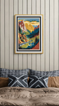 Affiche paysage de vallée alpine avec falaises et rivière