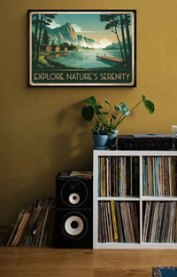 Affiche lac montagne avec cabines jaunes style Art Déco