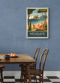 Affiche Hendaye femme ombrelle rouge plage basque