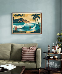 Affiche Hawaii avec surfeur et vague tropicale