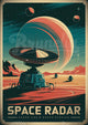 Affiche rétro futuriste station radar spatiale planète