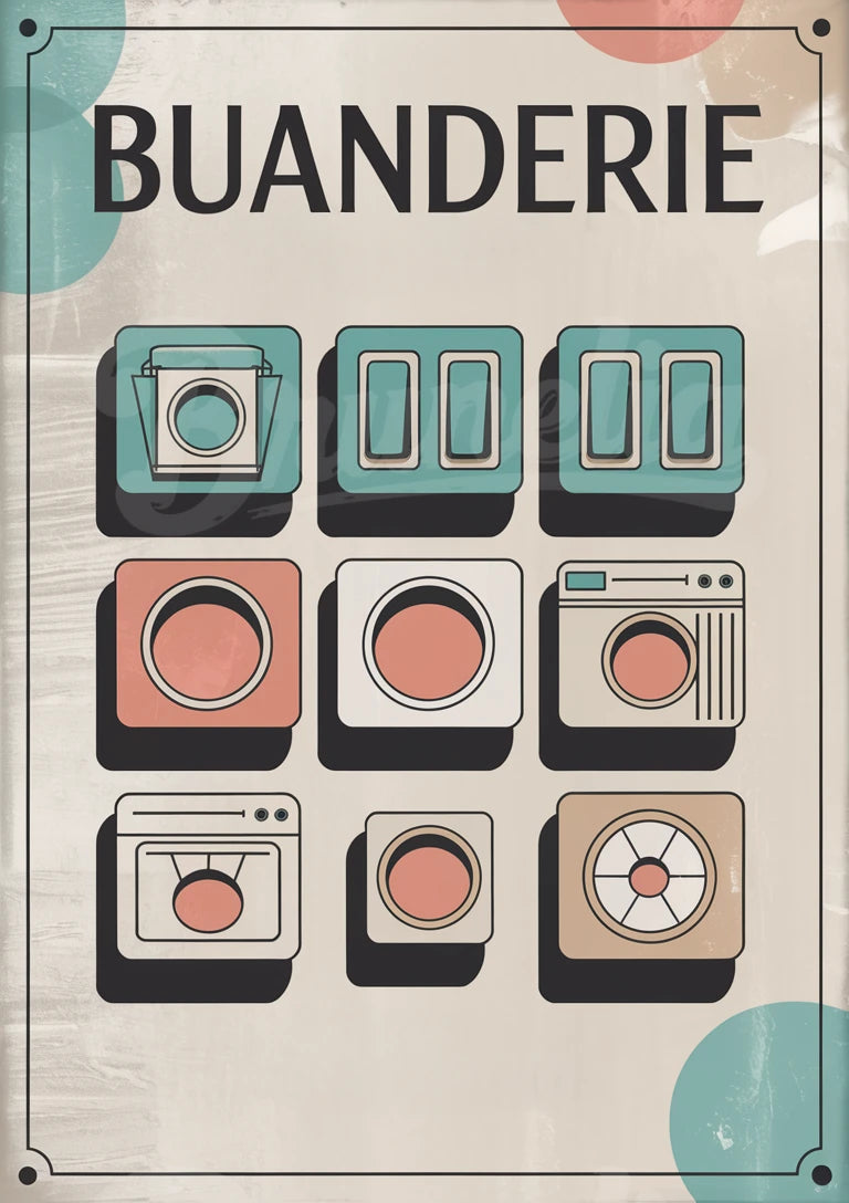 Affiche buanderie vintage, machines à laver