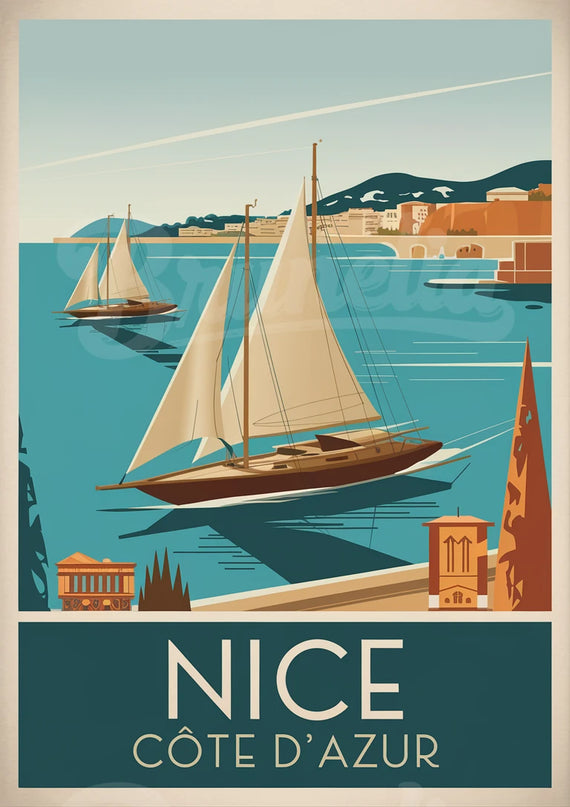 Affiche vintage bateaux niçois